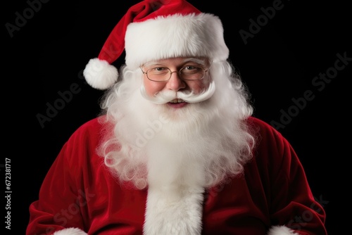 Funny Santa Claus in glasses looking at the camera on a black background close up