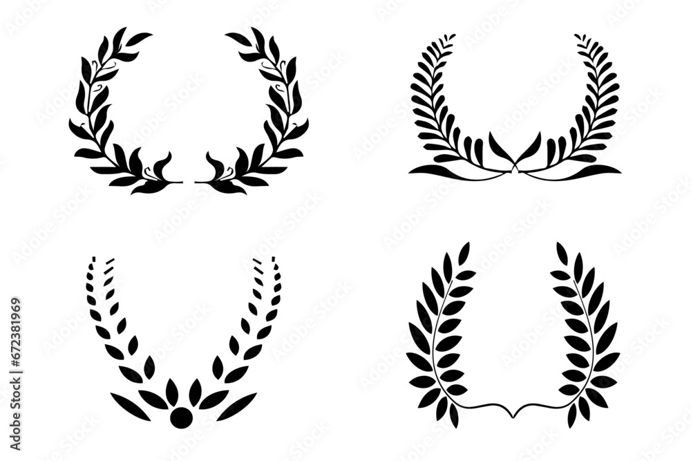 Black laurel wreath frame icon in white background. Circular laurel foliate, wheat and olive wreaths depicting an award, achievement, heraldry, nobility. Vector illustration Black laurel wreath frame icon in white background. Circular laurel foliate, wheat and olive wreaths depicting an award, achievement, heraldry, nobility. Vector illustration