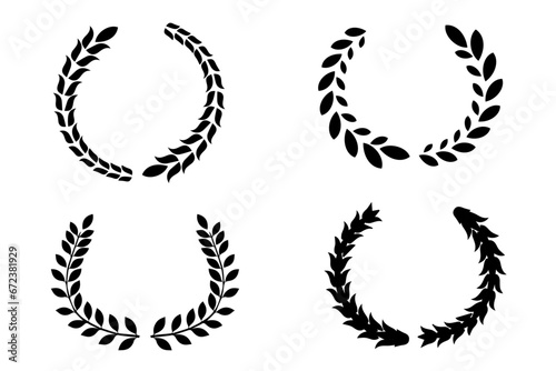 Black laurel wreath frame icon in white background. Circular laurel foliate, wheat and olive wreaths depicting an award, achievement, heraldry, nobility. Vector illustration © CzakaU
