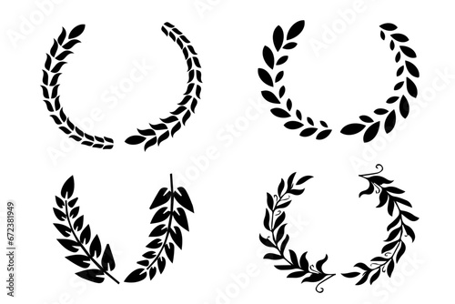 Black laurel wreath frame icon in white background. Circular laurel foliate, wheat and olive wreaths depicting an award, achievement, heraldry, nobility. Vector illustration photo