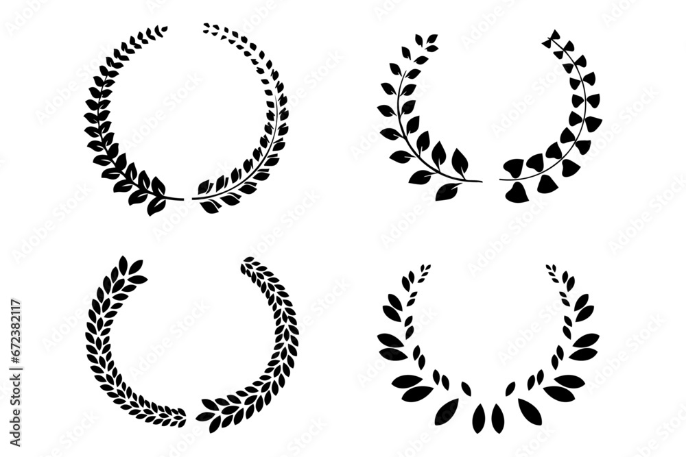 Black laurel wreath frame icon in white background. Circular laurel