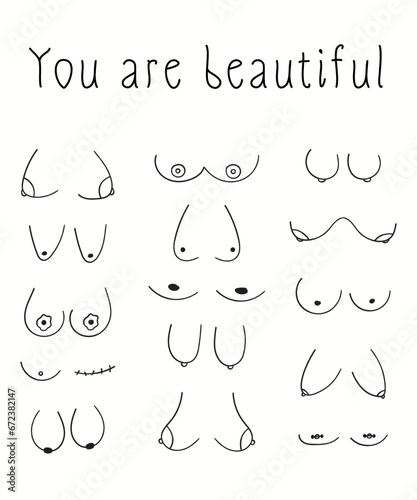 You are beautiful poster. Hand drawn women's breasts. Body positive. Doodle funny boobs. photo