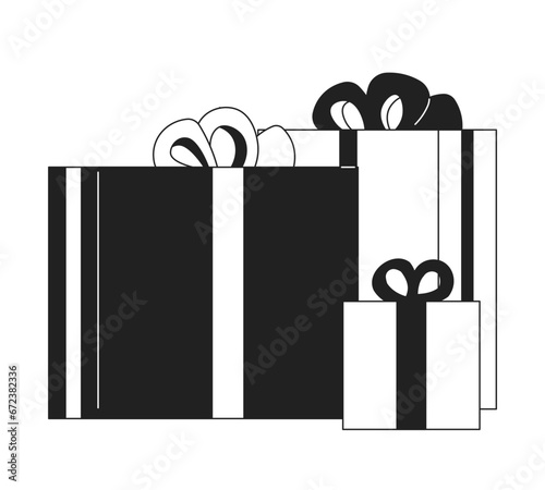 Three presents stacked black and white 2D cartoon object. Christmas holiday stack of packages isolated vector outline item. Happy birthday giftbox congratulations monochromatic flat spot illustration