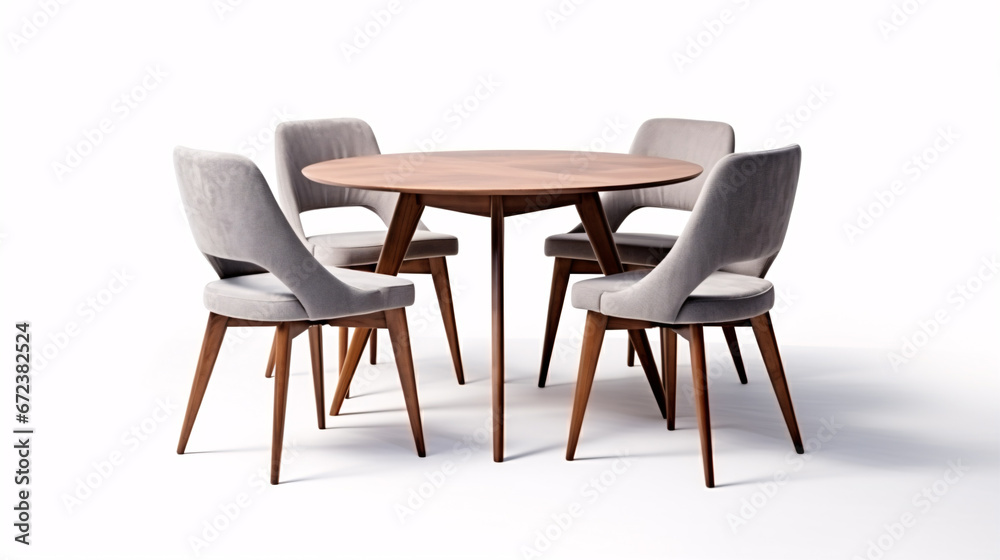 A wooden and fabric dining table and chair stand alone on a white surface. A wooden and fabric dining table and chair stand alone on a white surface.