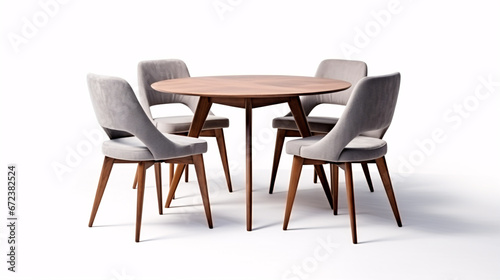 A wooden and fabric dining table and chair stand alone on a white surface.