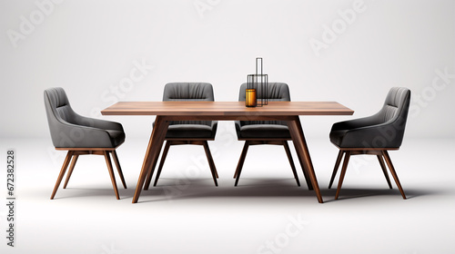 An isolated, wooden and fabric modern dining table and chair set is featured on a white background.