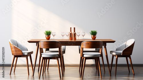 A wooden and fabric dining table and chair  isolated on a white backdrop.