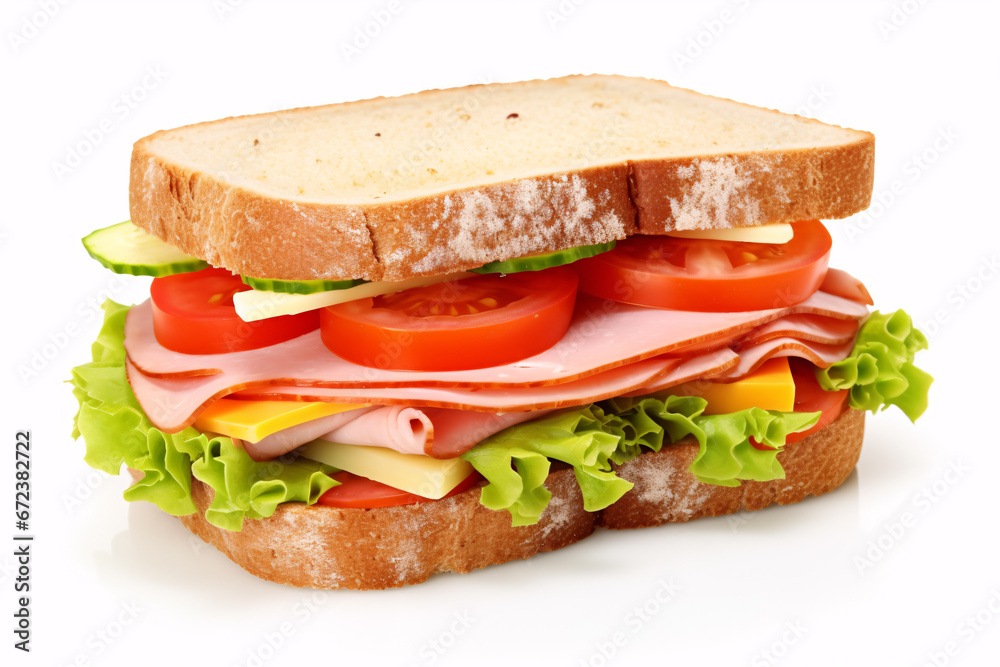 A ham, cheese, and veggie sandwich, isolated on a white background. A ham, cheese, and veggie sandwich, isolated on a white background.
