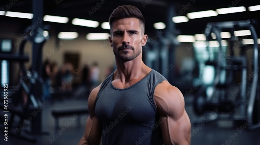 Naklejka premium Portrait of handsome muscular man standing in the background of sport gym