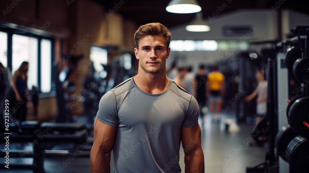 Fototapeta premium Portrait of handsome muscular man standing in the background of sport gym