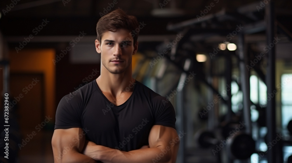 Fototapeta premium Portrait of handsome muscular man standing in the background of sport gym