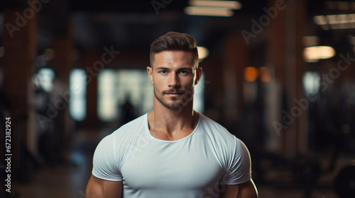 Portrait of handsome muscular man standing in the background of sport gym