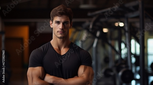 Portrait of handsome muscular man standing in the background of sport gym