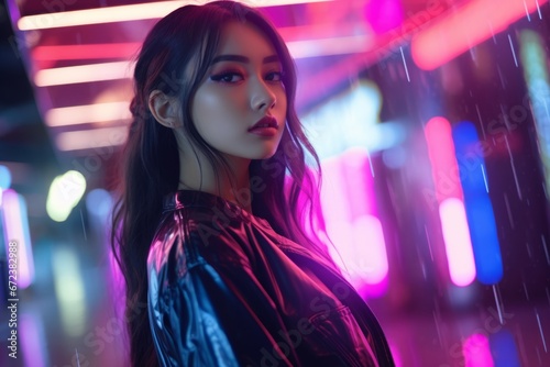 Young fashionable asian girl looks at the camera, against the background of neon light