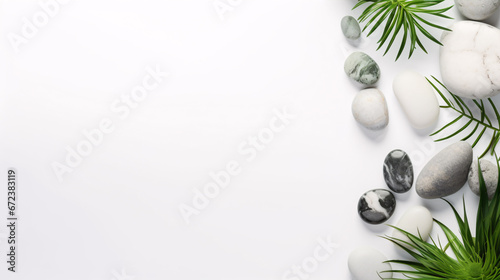 Cosmetics on a plain backdrop, with verdant foliage and rocks, allowing for ample room for text.