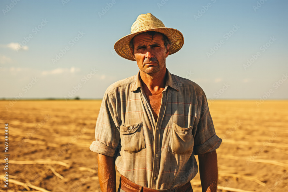 Downcast farmer in vast barren field on a field background 