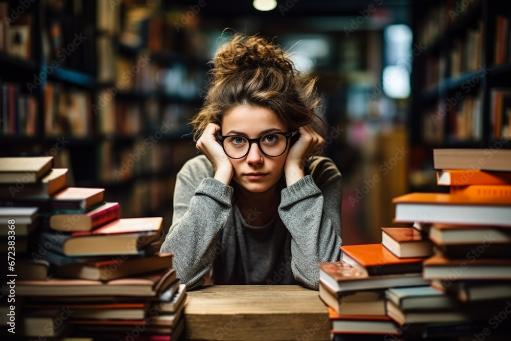 Sad woman amidst books in a quiet bookstore or library background with empty space for text 