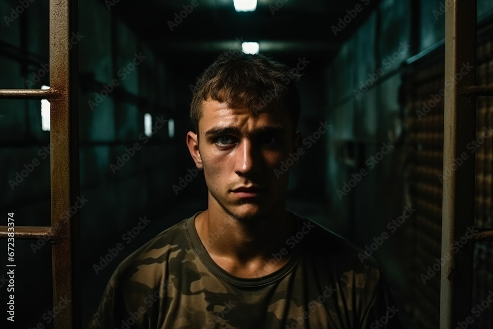 Obraz premium Soldier in barracks displaying emotional distress background with empty space for text 