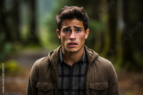 Distraught young adult in serene woodland background with empty space for text  © AI Petr Images