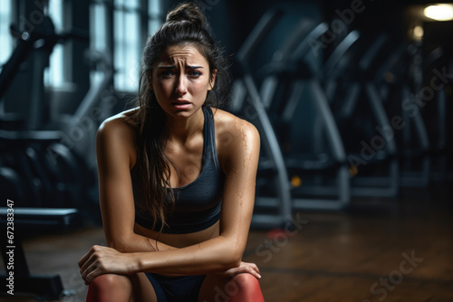Woman in gym versing emotional upheaval amid sweat weights and mirrors  photo