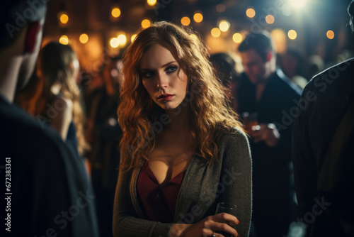 Sad woman lost in thought experiencing melancholy in crowded nightclub 