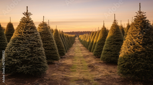 Rows of meticulously aligned Christmas trees stand tall on a farm, bathed in the golden glow of sunrise.