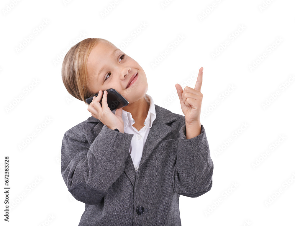 Child in business suit, phone call and conversation for future career isolated on transparent png background. Happy girl kid, little businesswoman or pretend professional on smartphone for networking