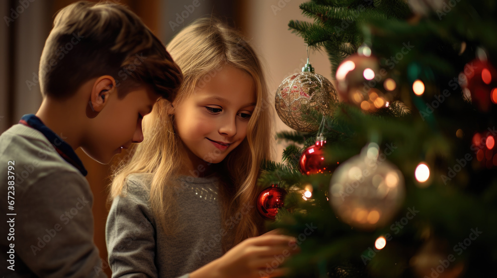 Young children decorate the Christmas tree at home. Young children decorate the Christmas tree at home.