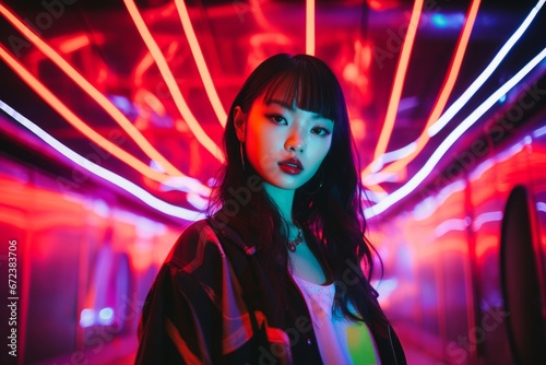 Portrait of young asian fashionable girl in neon lights. A low angle view