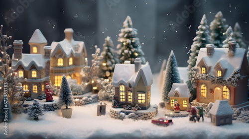 winter decorative houses, Christmas houses, festive winter decorations, winter snowy, blurred background, New Year concept, holiday mood, present gift box, blurred lights, bright gold bokeh, defocused © elina
