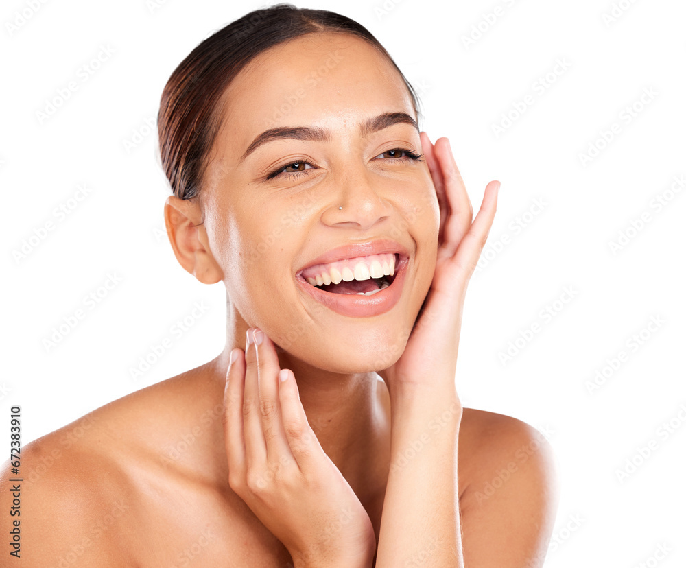 Portrait, smile and woman with dermatology, cosmetics and treatment isolated on a transparent background. Face, person and model with grooming, shine and skincare with beauty, clean and png with glow