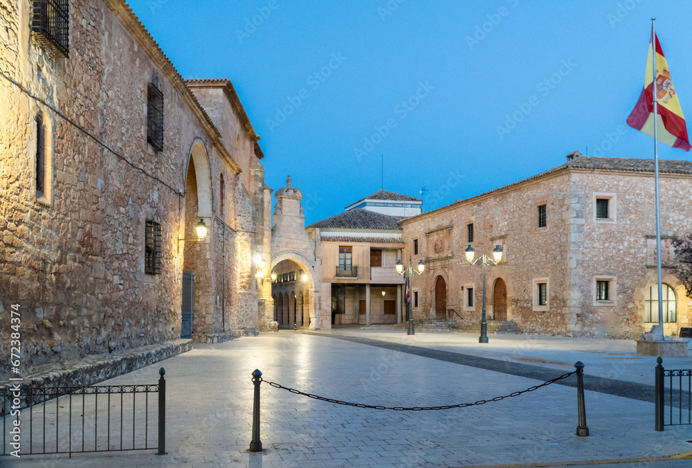 Empty medieval square at dusk, in San Clemente, Cuenca (Spain)
