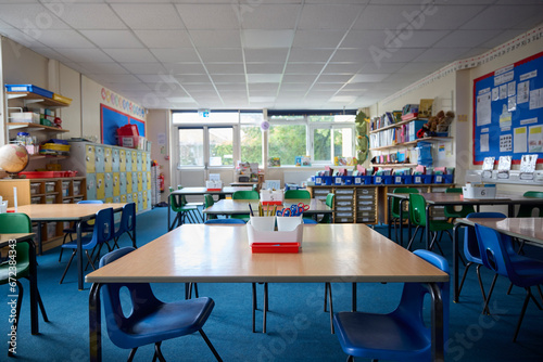 Empty Tables And Chairs In Primary Or Elementary School Classroom photo
