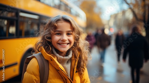 A smiling elementary school girl in the background of the school bus she is ready to board.