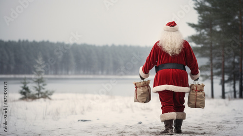 Santa Claus Carrying Bags with Gift for Christmas Delivery