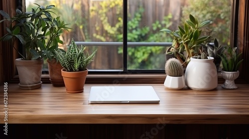 Wooden desk with laptop and indoor flowers. Free space.