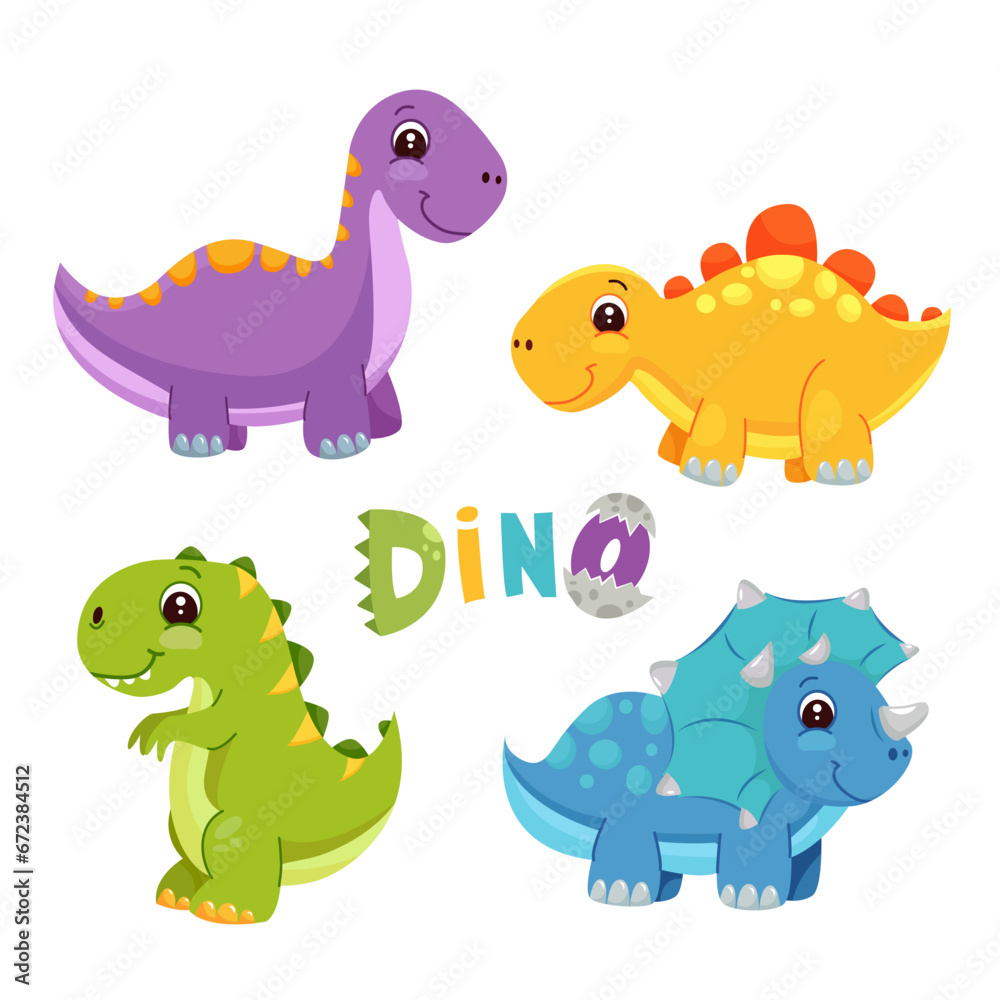 Vector illustration of Cartoon Dinosaur Character Set. Sequential set of cute colored dinosaurs. T-rex, diplodocus, triceratops.