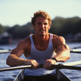 Male rower in a rowing race, pulling the oars. Shallow field of view.
