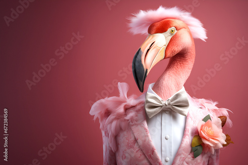 Creative animal concept. Flamingo bird in glam fashionable couture high end outfits isolated on bright background advertisement, copy space. birthday party invite invitation banner	

