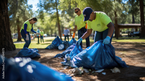 Volunteers are diligently collecting trash in bags at a park, emphasizing community service and environmental responsibility.