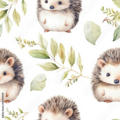 Seamless pattern with watercolor cute hedgehog isolated on white background