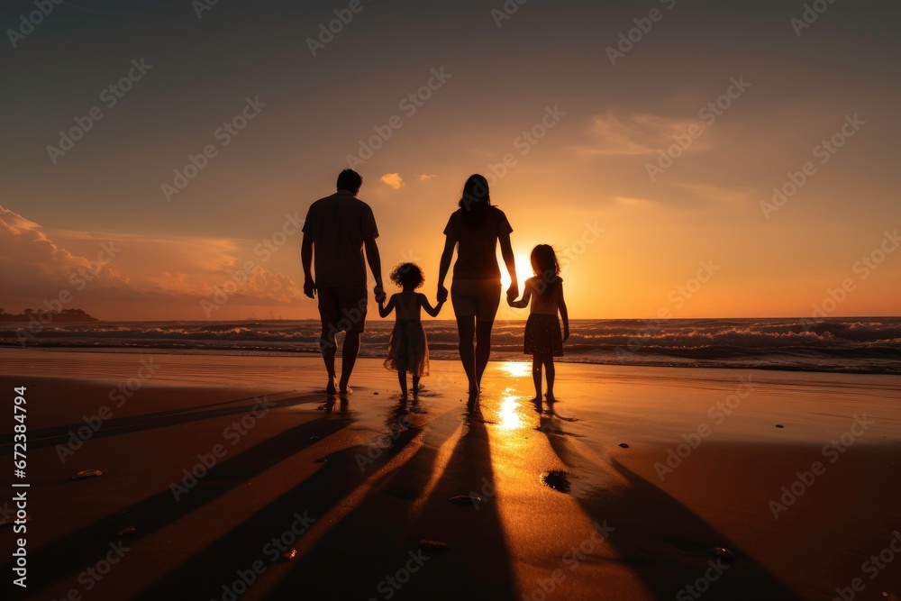 Fototapeta premium Silhoutte of happy family walking together on the beach 