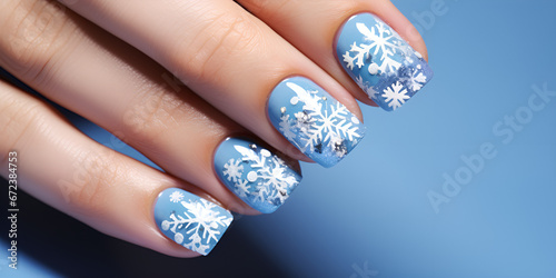 Frosty Snowflake Sage Nails: Winter Wonderland Glamour with dark sky colour background ai generated