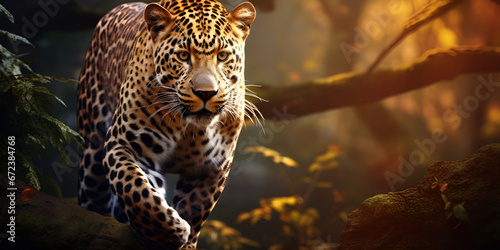 Grace in Motion: Documenting the Jaguar's Fierce Run Amidst Natural Fields background ai generated © save future