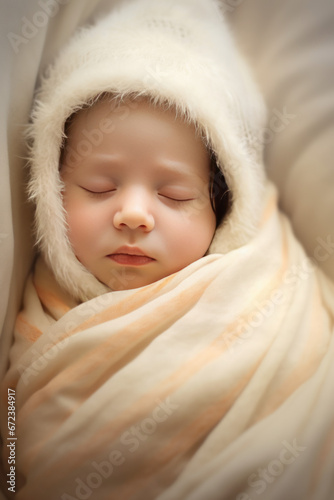 Little newborn baby sleeps in a creamy blanket