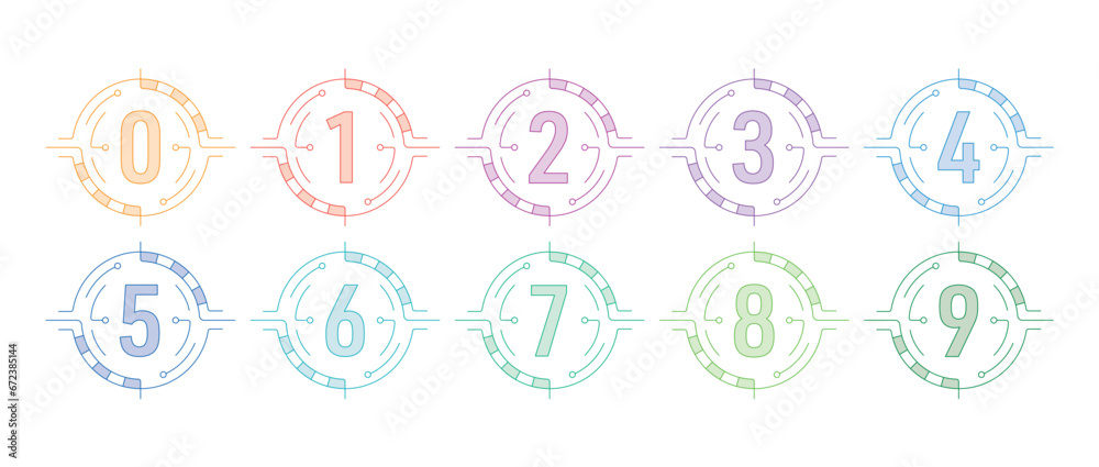 technological interface and colored numbers. 0-9 numbers on a white background technological interface and colored numbers. 0-9 numbers on a white background