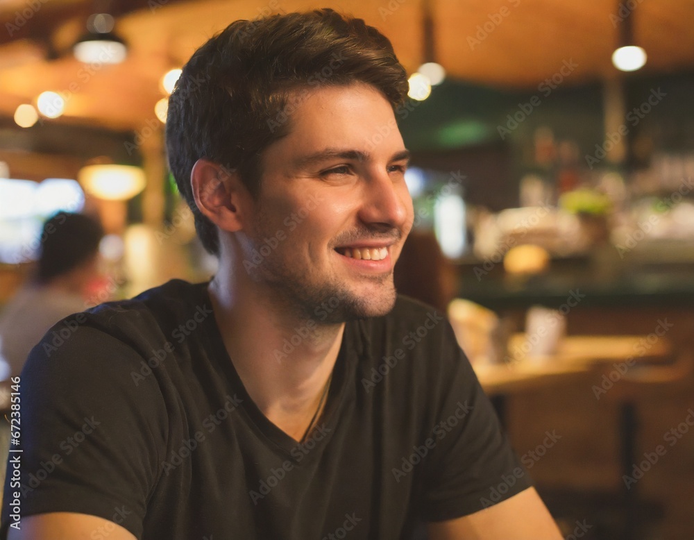 Hombre sonriente en un gastrobar acogedor Hombre sonriente en un gastrobar acogedor