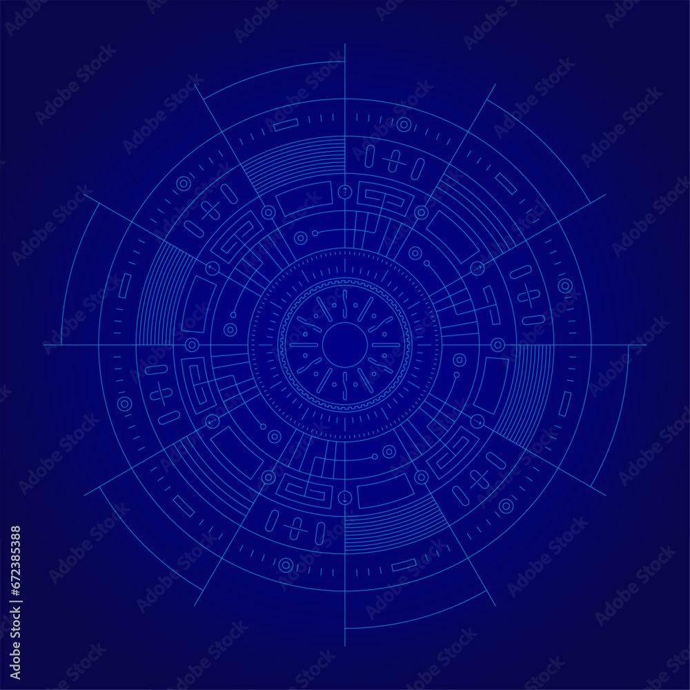 technological interface design for digital world. technological and futuristic background on navy blue background. technical draw digital interface design. grey futuristic interface design