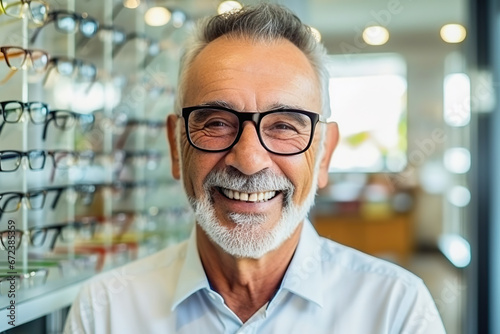 Portrait of a happy elderly man picking up eyeglasses in a store.
