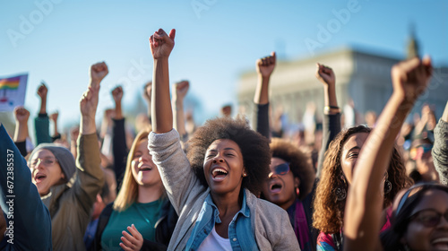 A passionate crowd of women raise their fists and voices in a demonstration, advocating for their rights and showcasing unity and empowerment.